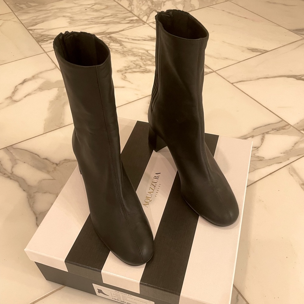 Aquazzura Saint Honore Bootie 50 Black, leather, size 37 European, size 7 US.